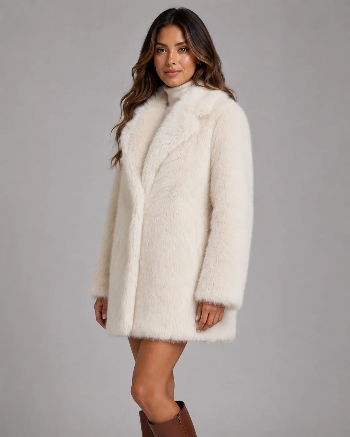 Fiona Women's Faux Fur Coat featuring a luxurious plush shawl collar and stylish mid-thigh length, perfect for keeping warm and fashionable in colder weather. 1