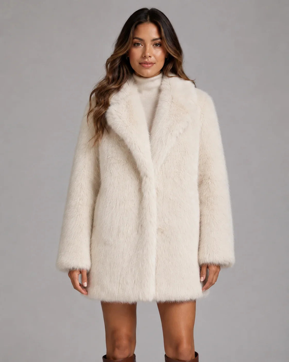 Fiona Women's Faux Fur Coat featuring a luxurious plush shawl collar and stylish mid-thigh length, perfect for keeping warm and fashionable in colder weather. 2
