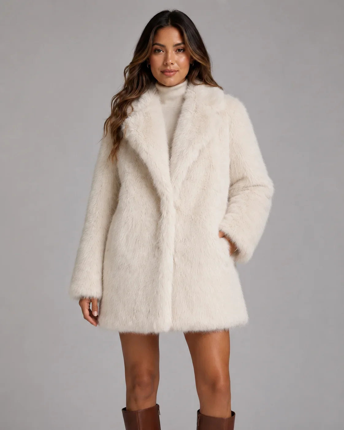 Fiona Women's Faux Fur Coat featuring a luxurious plush shawl collar and stylish mid-thigh length, perfect for keeping warm and fashionable in colder weather. 3
