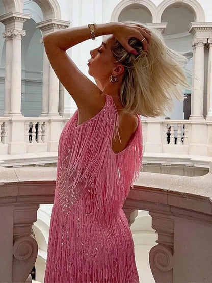 Fiora Women’s Cocktail Dress with Fringe Detailing and Sequin-Inspired Finish 3