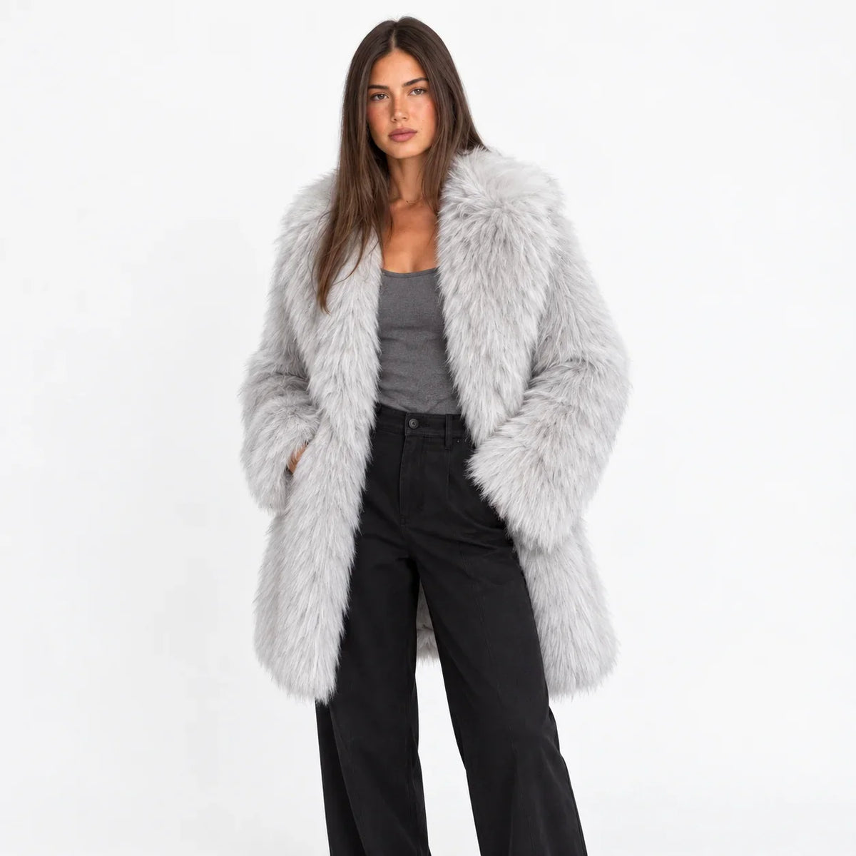 Fiora Women’s Mid-Length Coat featuring plush faux fur, wide lapels, and a stylish design for warmth and elegance. 0