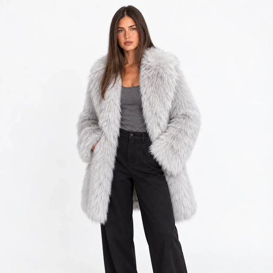 Fiora Women’s Mid-Length Coat featuring plush faux fur, wide lapels, and a stylish design for warmth and elegance. 0