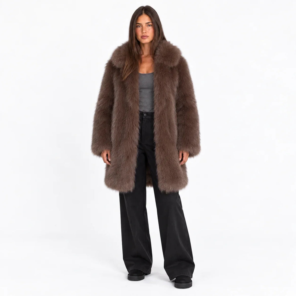 Fiora Women’s Mid-Length Coat featuring plush faux fur, wide lapels, and a stylish design for warmth and elegance. 1