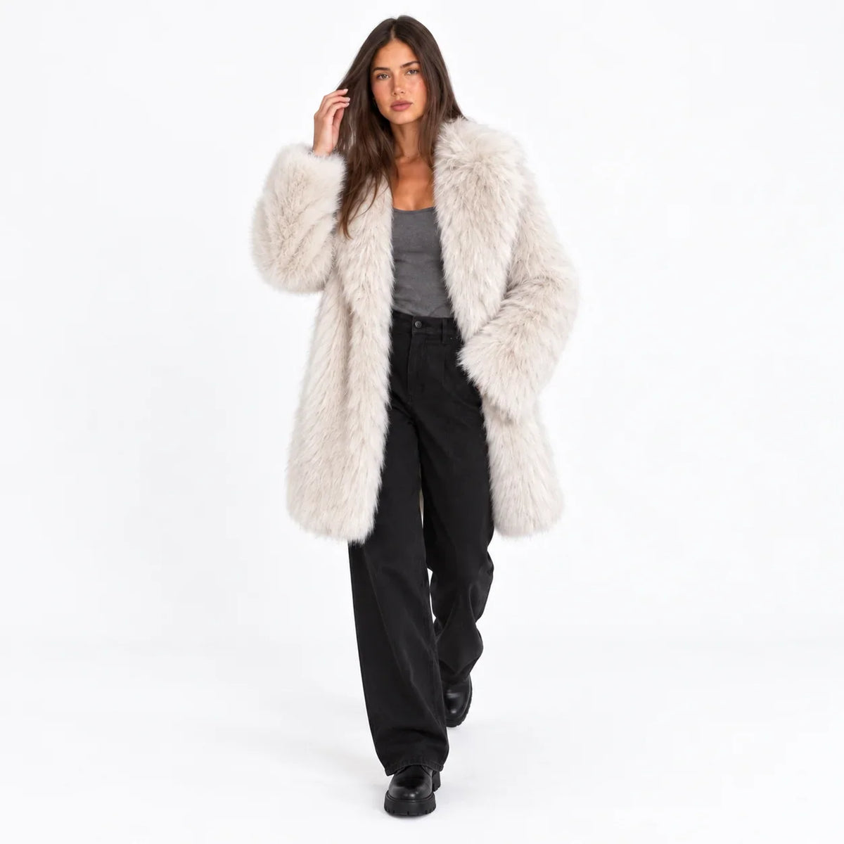 Fiora Women’s Mid-Length Coat featuring plush faux fur, wide lapels, and a stylish design for warmth and elegance. 2