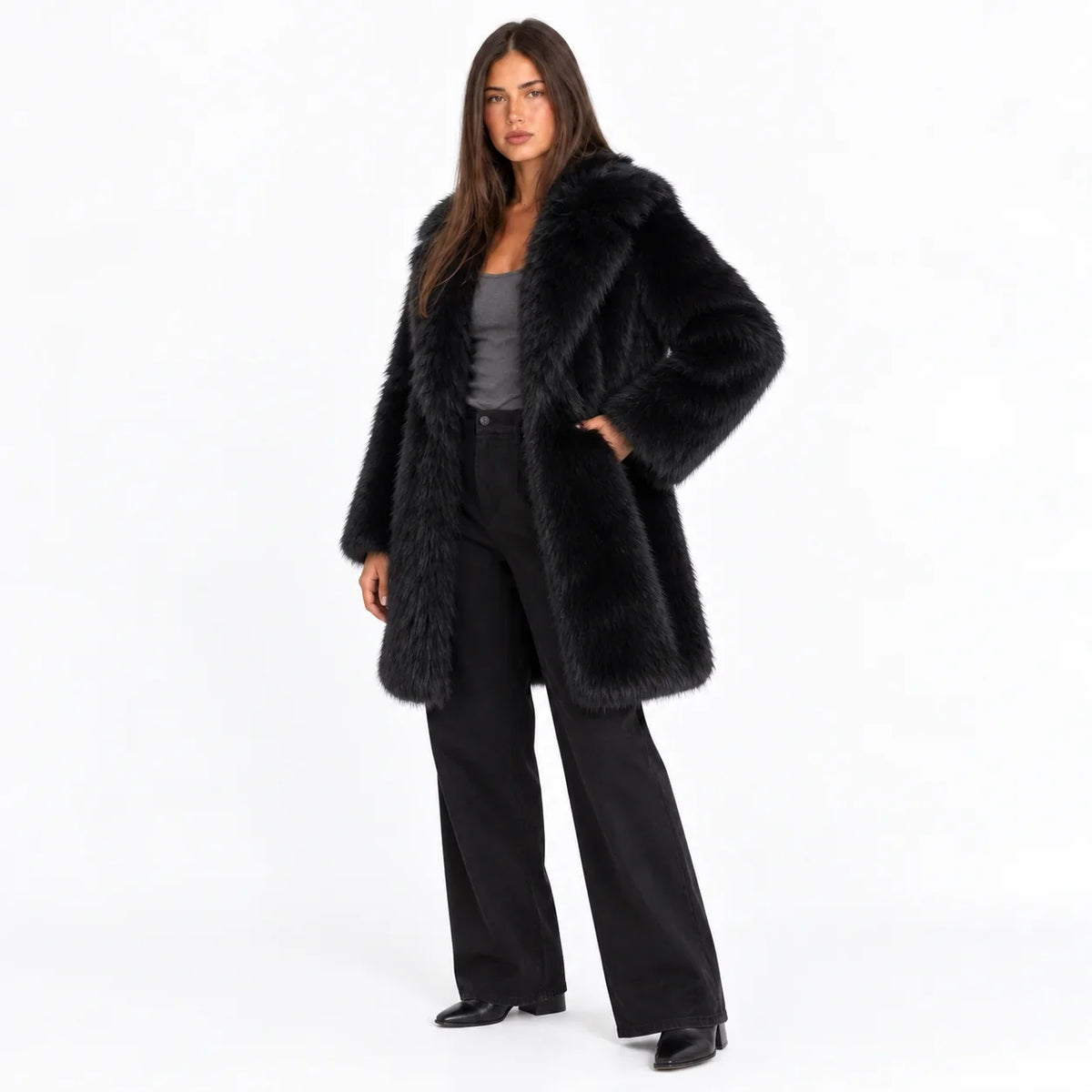 Fiora Women’s Mid-Length Coat featuring plush faux fur, wide lapels, and a stylish design for warmth and elegance. 3