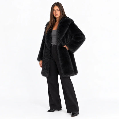 Fiora Women’s Mid-Length Coat featuring plush faux fur, wide lapels, and a stylish design for warmth and elegance. 3