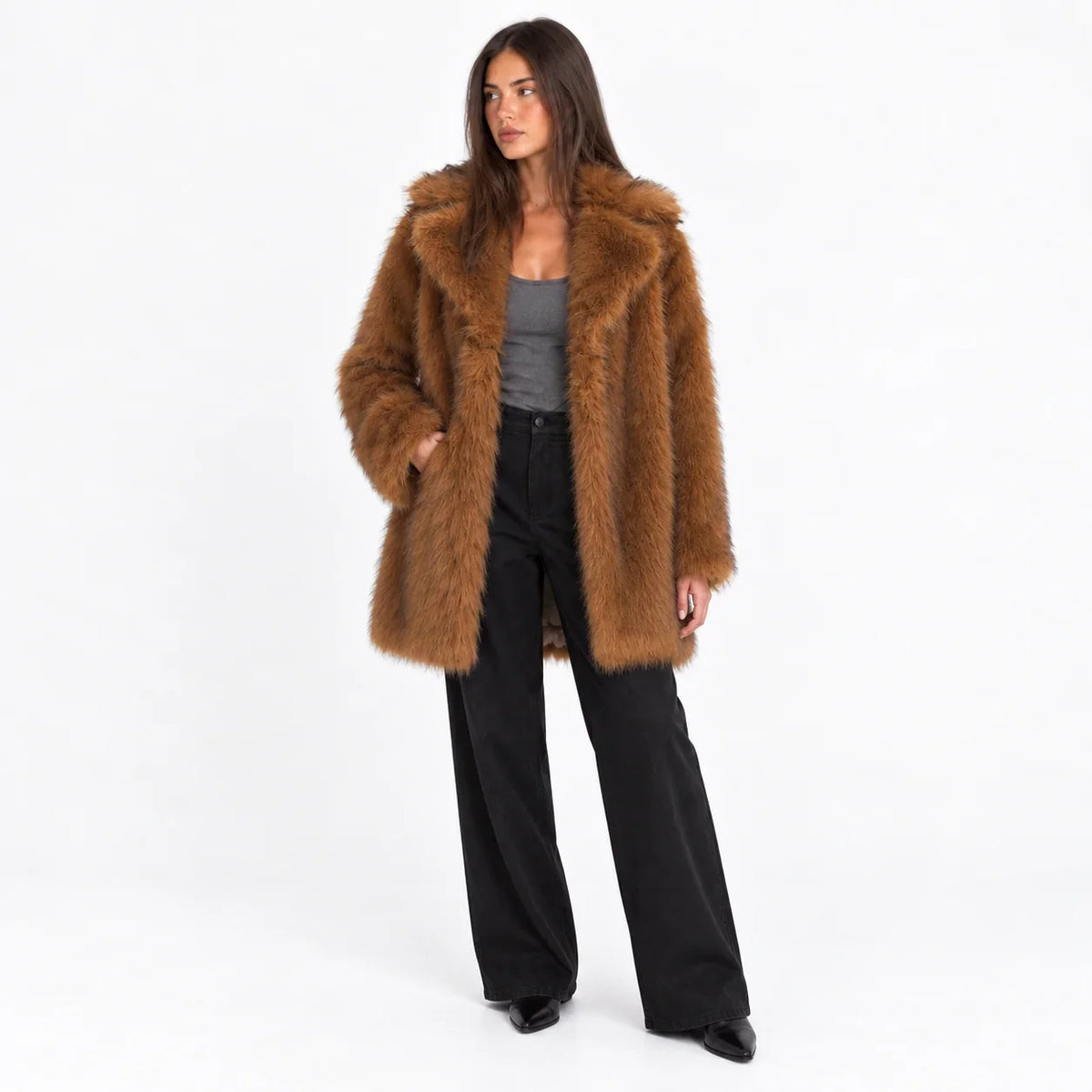 Fiora Women’s Mid-Length Coat featuring plush faux fur, wide lapels, and a stylish design for warmth and elegance. 4
