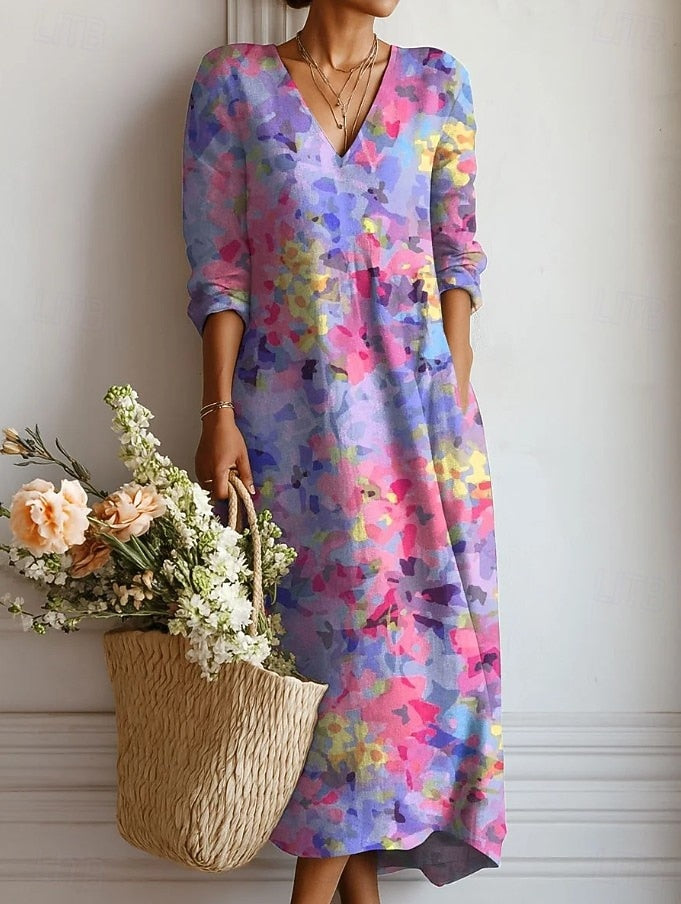 Flora Women’s Midi Dress with V-Neck and Long Sleeves in Floral Print 0