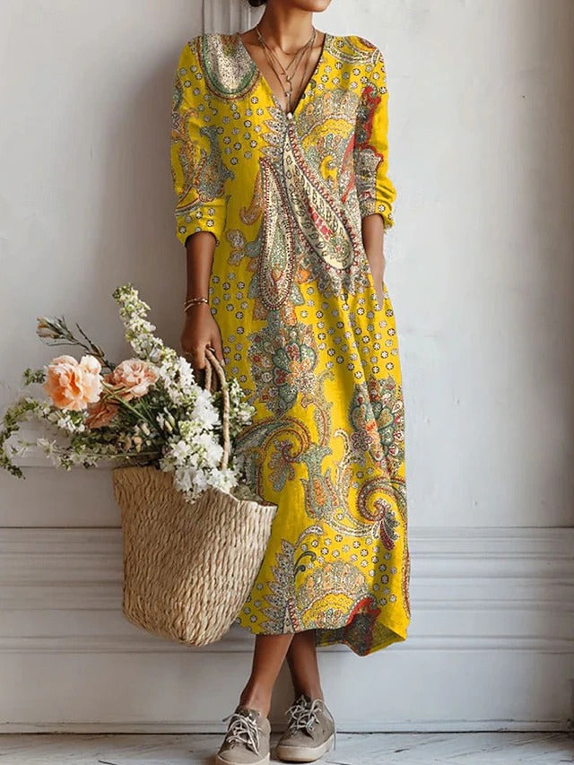 Flora Women’s Midi Dress with V-Neck and Long Sleeves in Floral Print 1