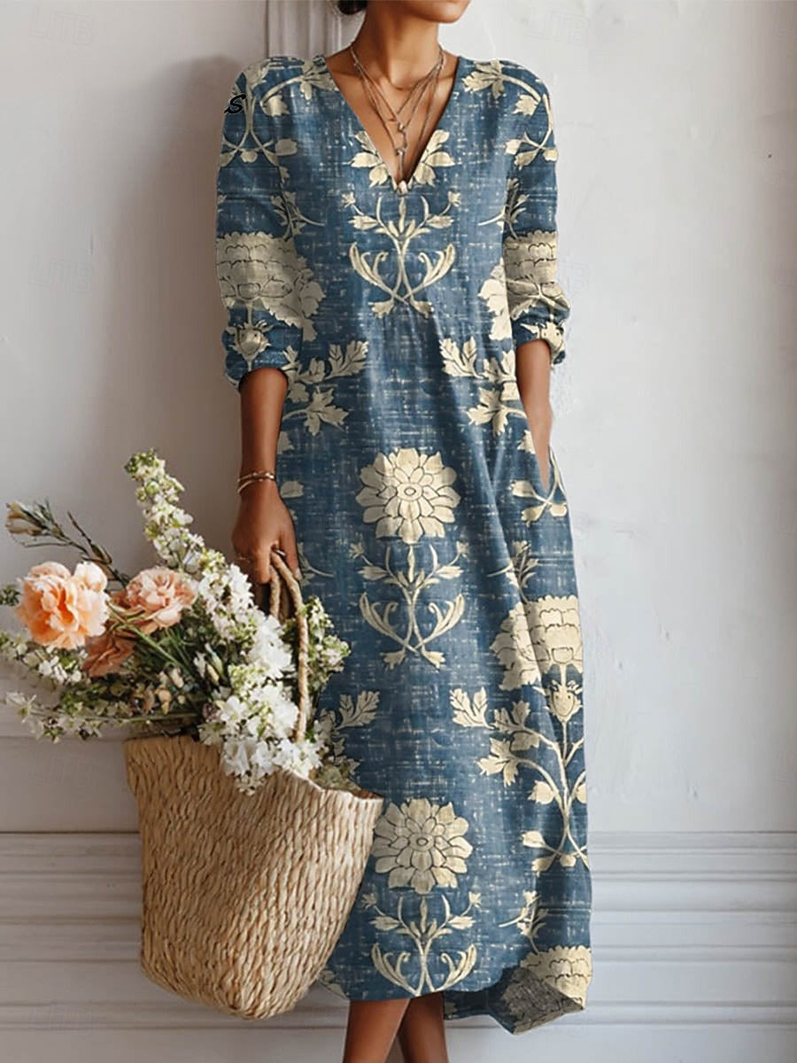 Flora Women’s Midi Dress with V-Neck and Long Sleeves in Floral Print 2