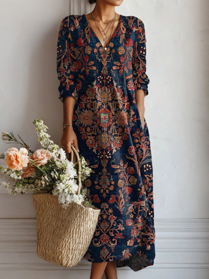 Flora Women’s Midi Dress with V-Neck and Long Sleeves in Floral Print 3