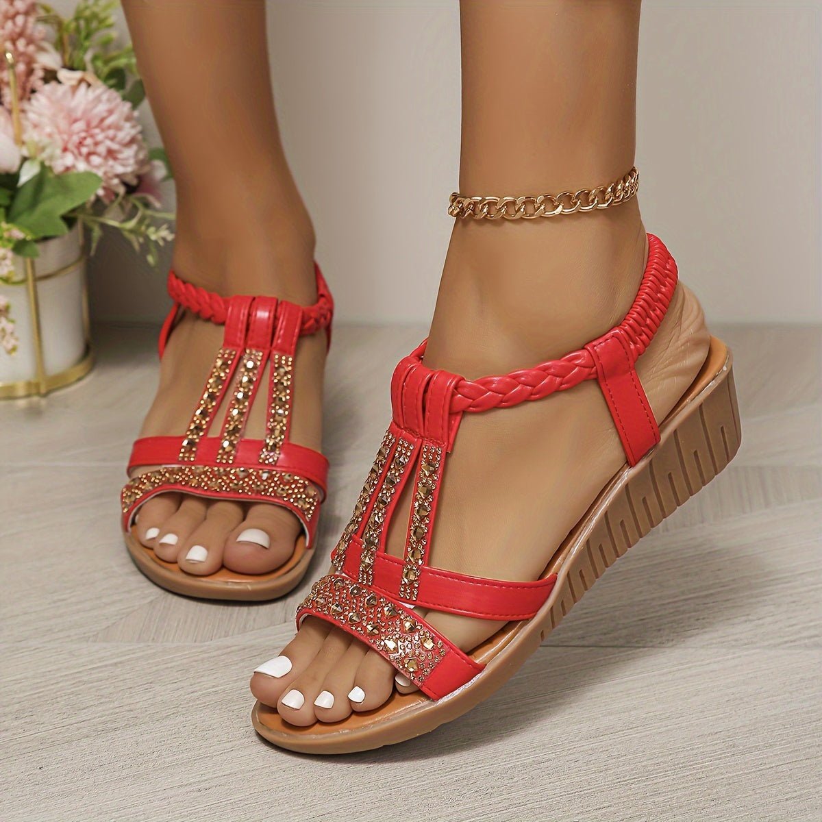 Frieda Women’s Sandals with Orthopedic Wedge Heel and Rhinestone T-Strap 0