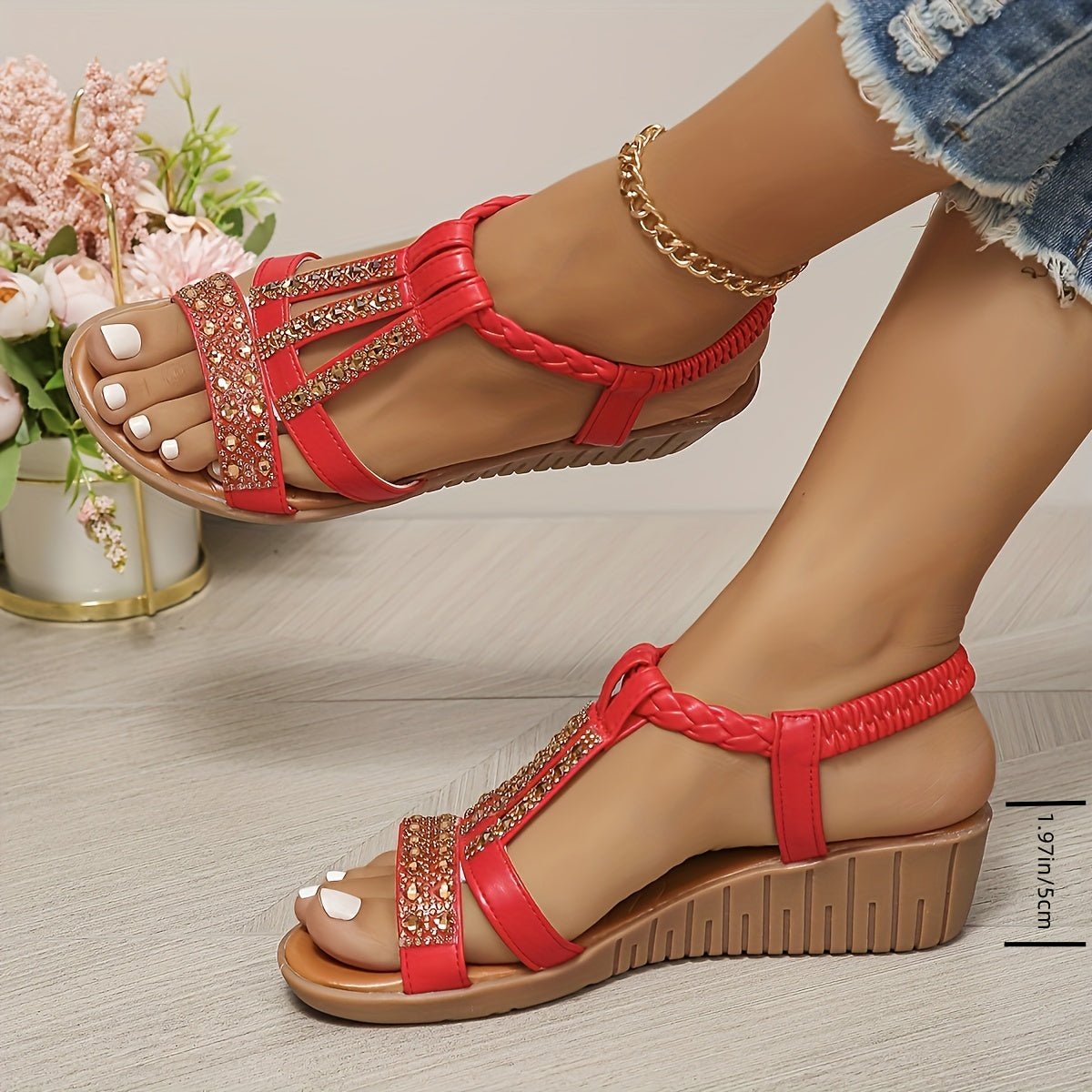 Frieda Women’s Sandals with Orthopedic Wedge Heel and Rhinestone T-Strap 1