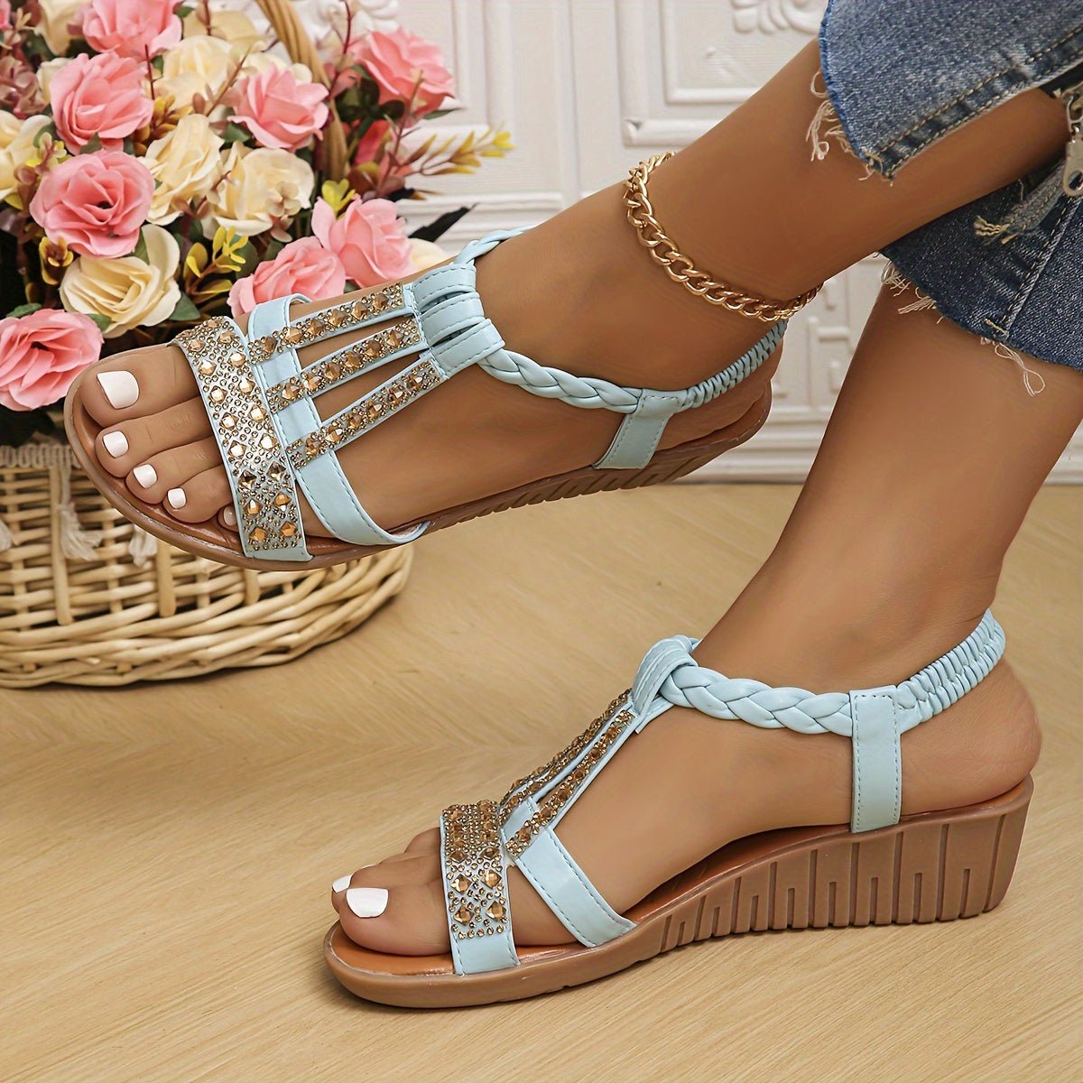 Frieda Women’s Sandals with Orthopedic Wedge Heel and Rhinestone T-Strap 10