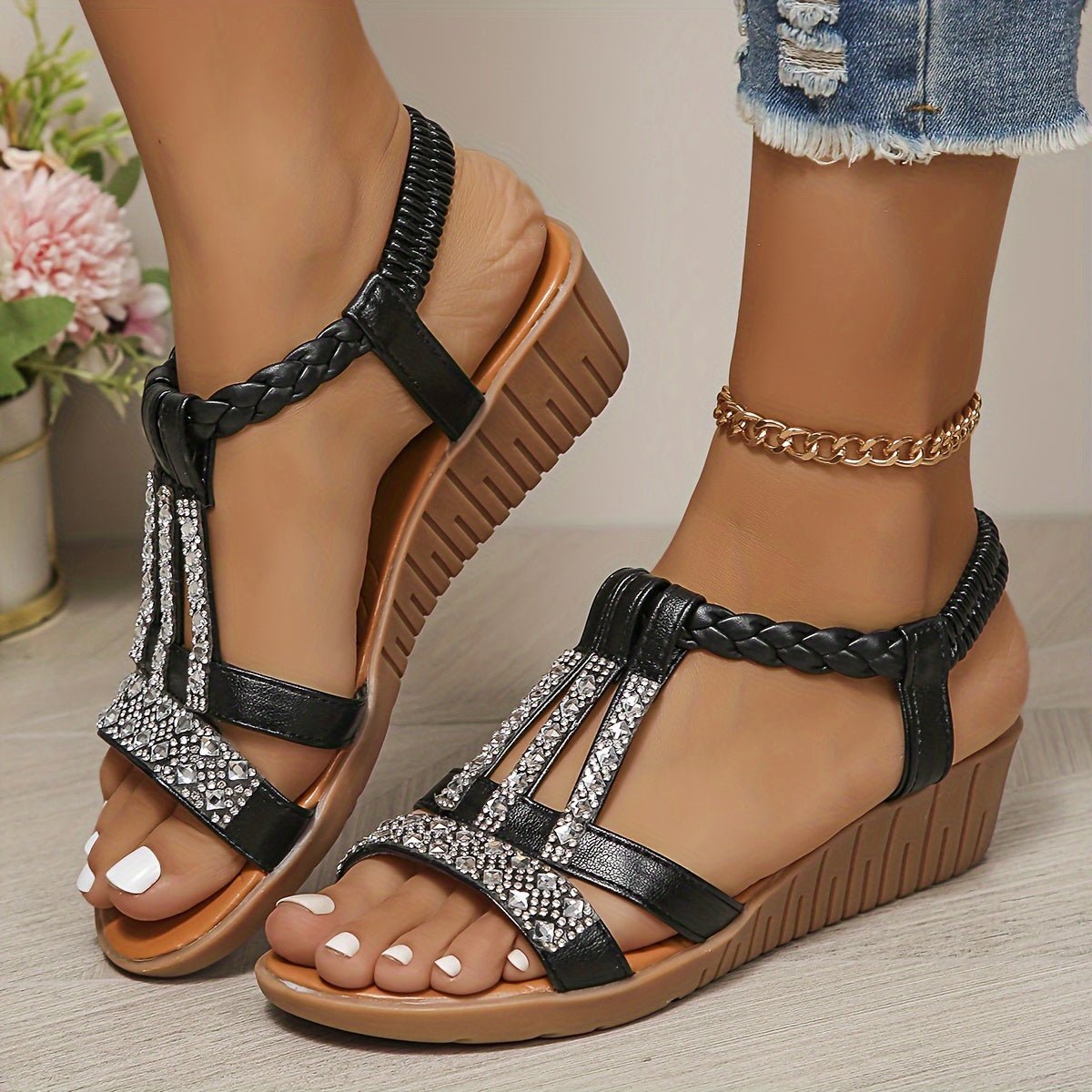 Frieda Women’s Sandals with Orthopedic Wedge Heel and Rhinestone T-Strap 11
