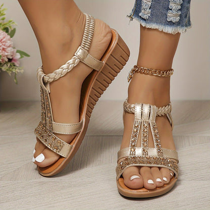 Frieda Women’s Sandals with Orthopedic Wedge Heel and Rhinestone T-Strap 2