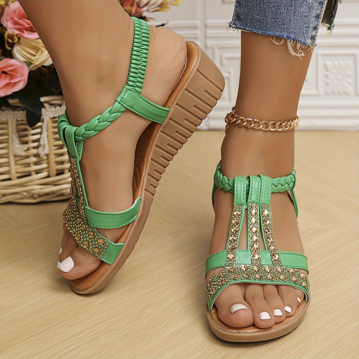 Frieda Women’s Sandals with Orthopedic Wedge Heel and Rhinestone T-Strap 6