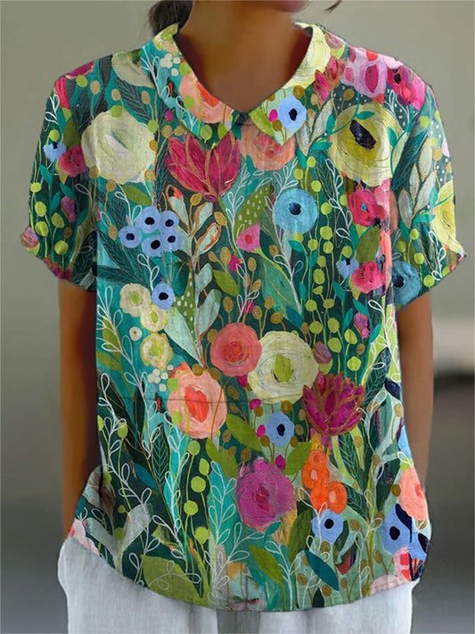 Gala Women’s Blouse with Watercolor Floral Design and Short Sleeves 0