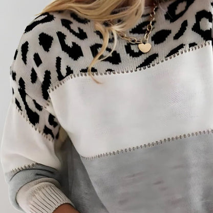 Gale Women's Knit Pullover Sweater | Leopard Print Colorblock, Relaxed Fit 1