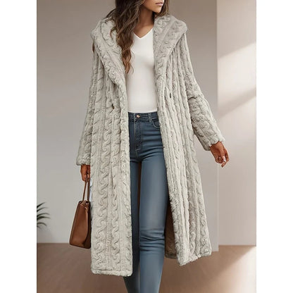 Georgina Women’s Hooded Longline Coat featuring an open front design and convenient pockets, perfect for stylish warmth and versatility in any season. 0