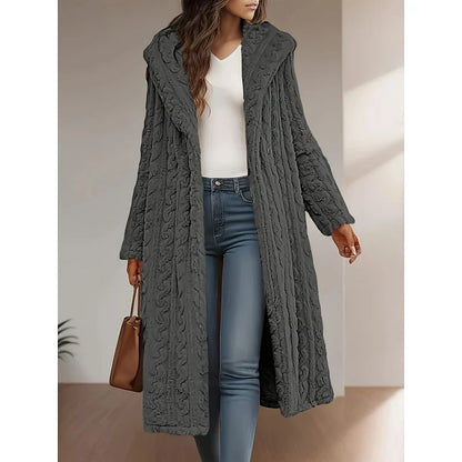 Georgina Women’s Hooded Longline Coat featuring an open front design and convenient pockets, perfect for stylish warmth and versatility in any season. 1