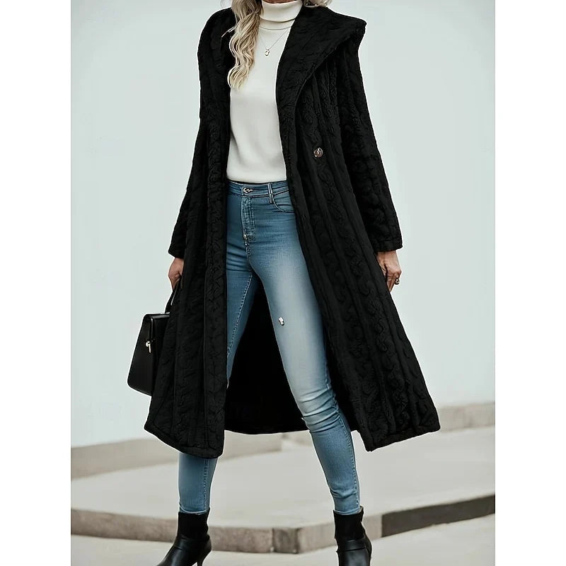 Georgina Women’s Hooded Longline Coat featuring an open front design and convenient pockets, perfect for stylish warmth and versatility in any season. 2