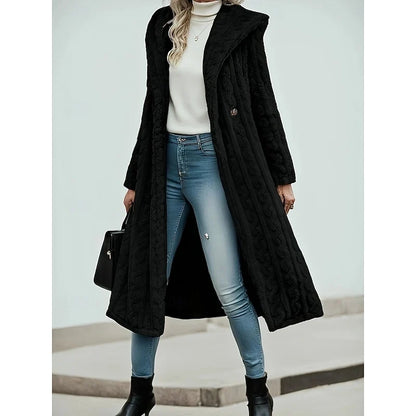 Georgina Women’s Hooded Longline Coat featuring an open front design and convenient pockets, perfect for stylish warmth and versatility in any season. 2