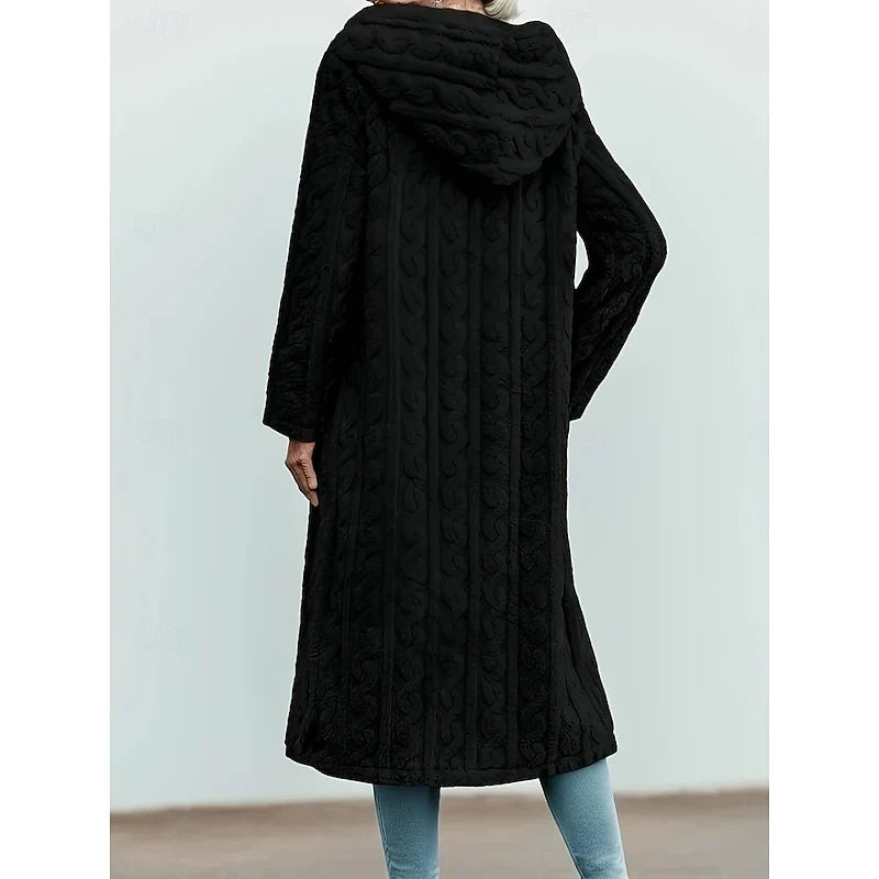 Georgina Women’s Hooded Longline Coat featuring an open front design and convenient pockets, perfect for stylish warmth and versatility in any season. 3