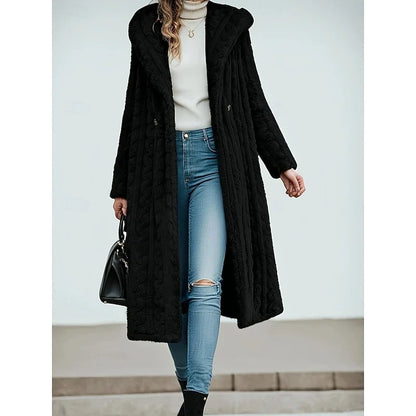 Georgina Women’s Hooded Longline Coat featuring an open front design and convenient pockets, perfect for stylish warmth and versatility in any season. 4