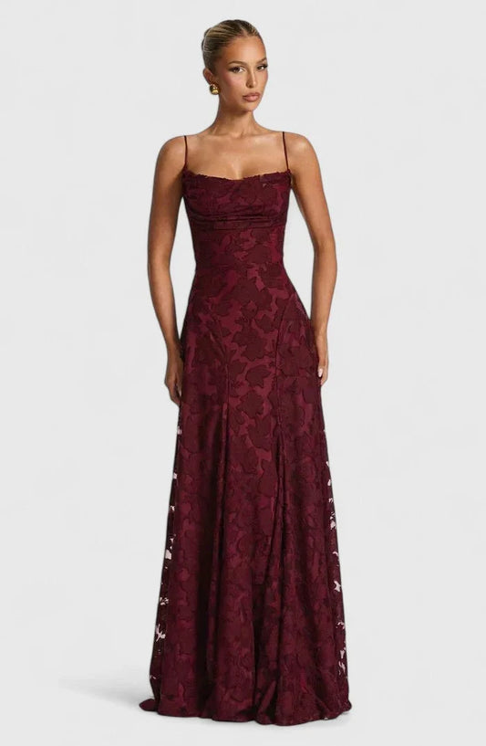 Gleam Women’s Maxi Dress featuring a stylish cowl neckline and a chic lace-up open back, perfect for elegant occasions and summer outings. 0