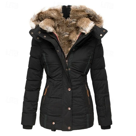 Gloria Women's Jacket featuring a removable fur-trimmed hood and softly padded design, perfect for stylish warmth and comfort in cold weather. 0