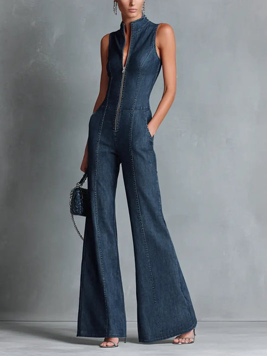Greta Women’s Denim Jumpsuit with Stretch Flared Trousers and Front Zip 0