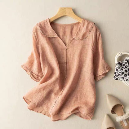 Greta Women’s Short Sleeve Top with Button Placket 1