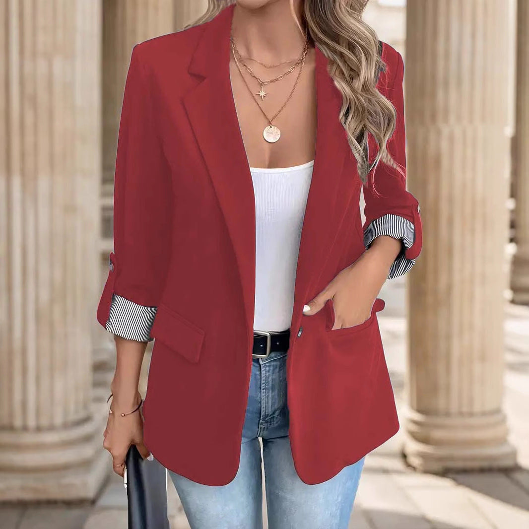 Hadley Women's Blazer Jacket | Open Front, Notch Lapel, Striped Cuff Detail 3