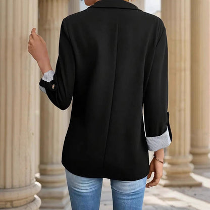 Hadley Women's Blazer Jacket | Open Front, Notch Lapel, Striped Cuff Detail 6