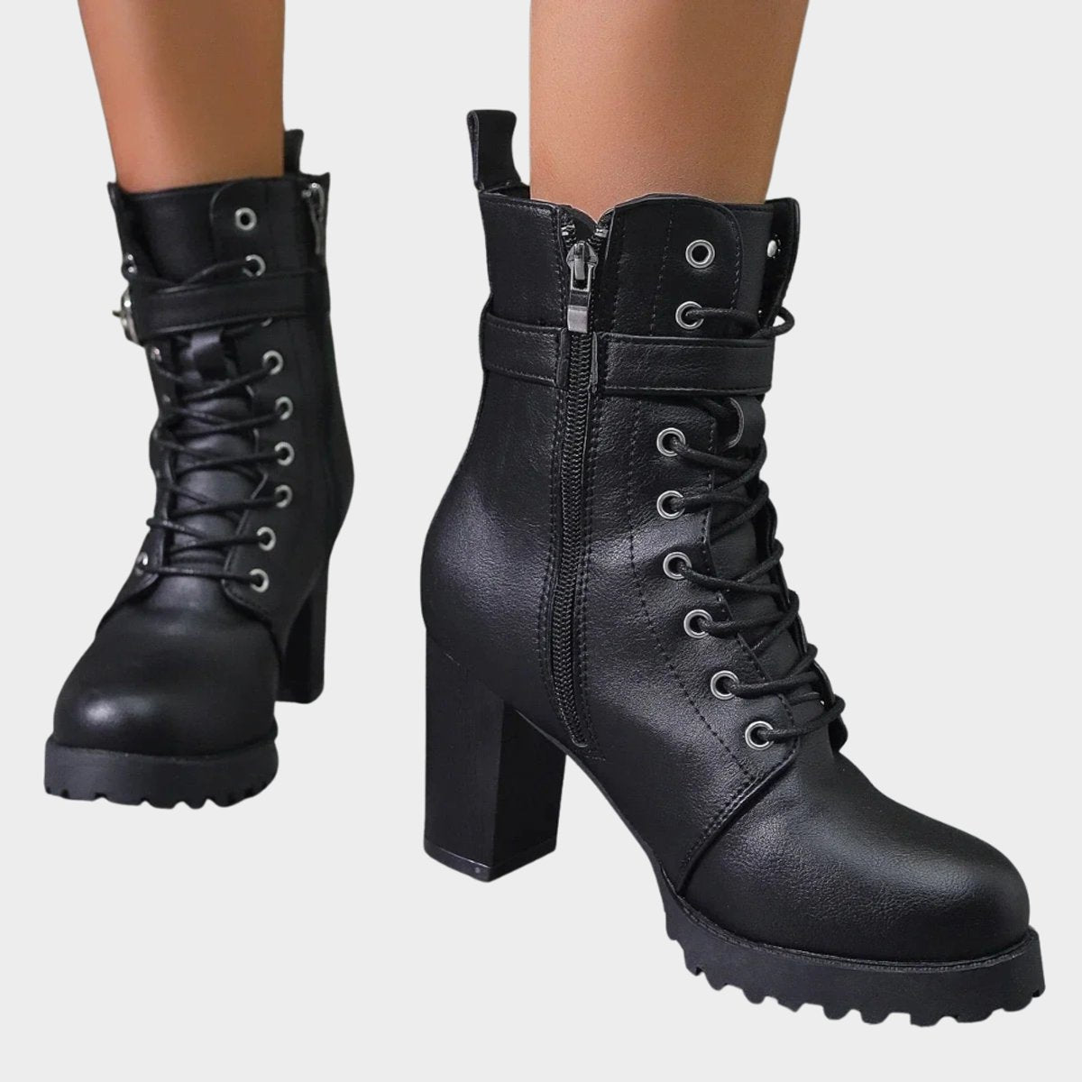 Harper Women's Combat Boots | Lace-Up, Block Heel, Black 2