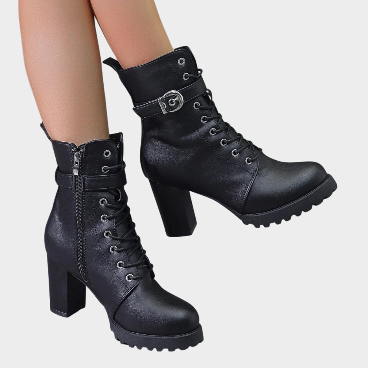 Harper Women's Combat Boots | Lace-Up, Block Heel, Black 3