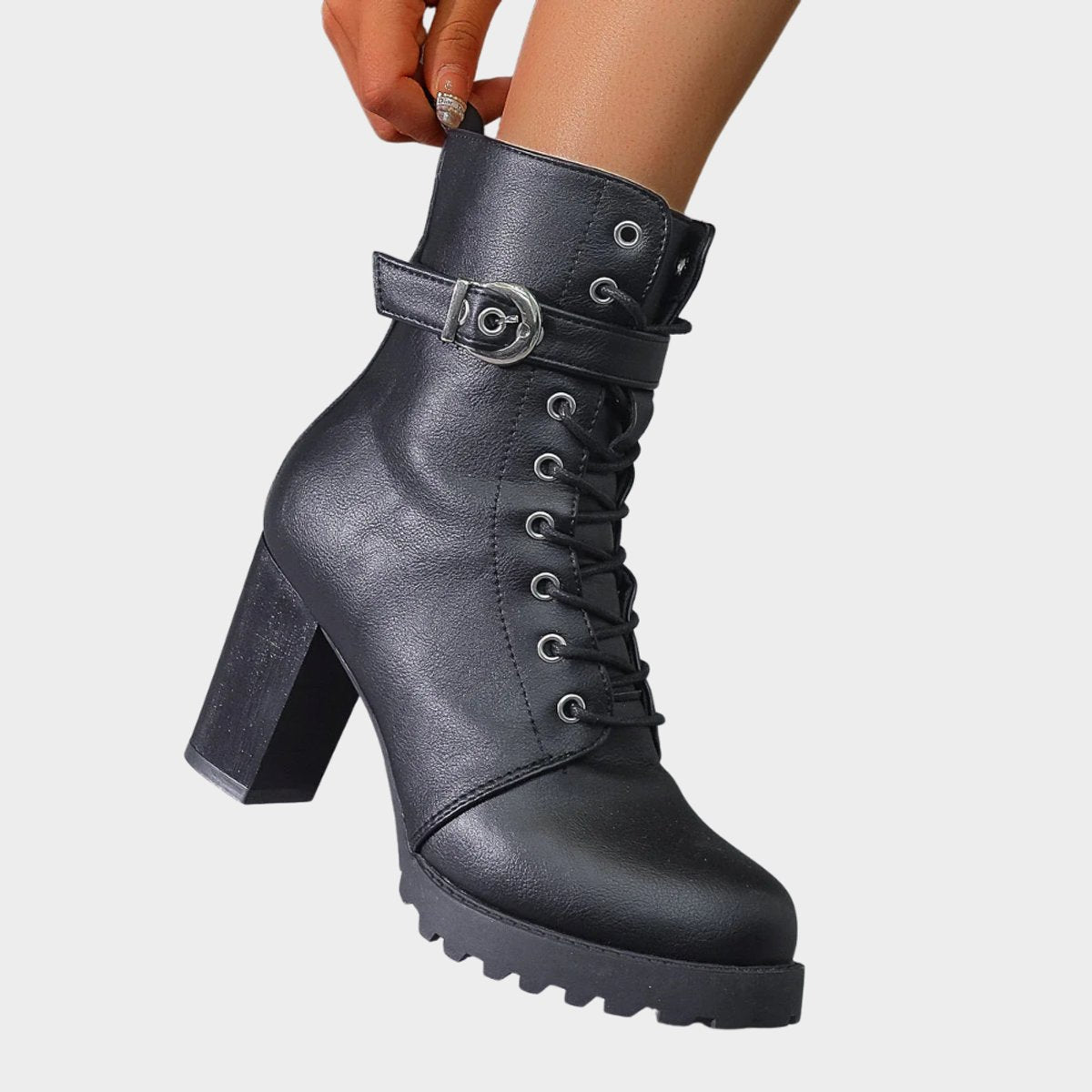 Harper Women's Combat Boots | Lace-Up, Block Heel, Black 4