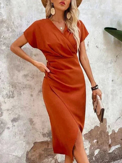 Haven Women’s Midi Dress with V-Neck and Mid-Length Cut in Bright Orange 3