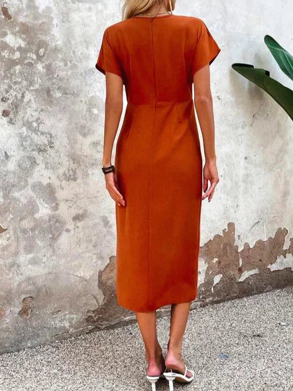 Haven Women’s Midi Dress with V-Neck and Mid-Length Cut in Bright Orange 4