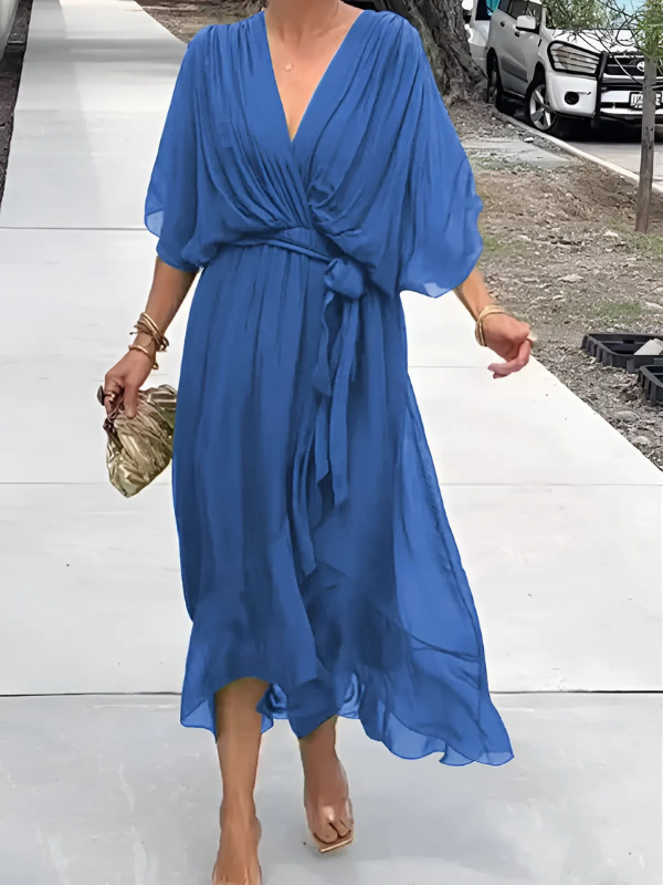 Helga Women’s Midi Dress with Tie Belt and Flutter Sleeves for Elegant Summer Style 2