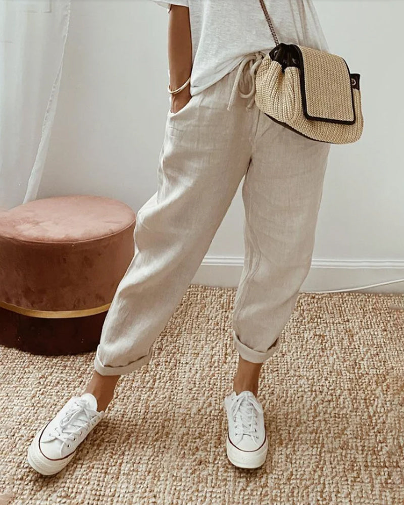 Helga Women’s Trousers with Breathable Fabric and Relaxed Fit in White Linen 0