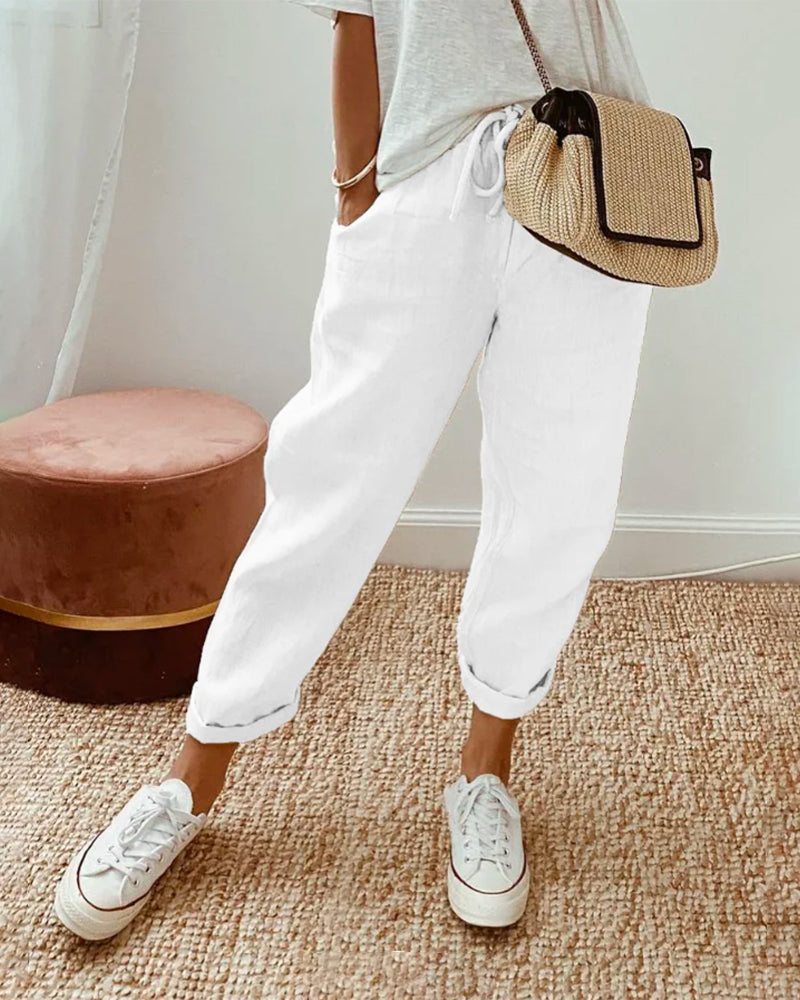 Helga Women’s Trousers with Breathable Fabric and Relaxed Fit in White Linen 3