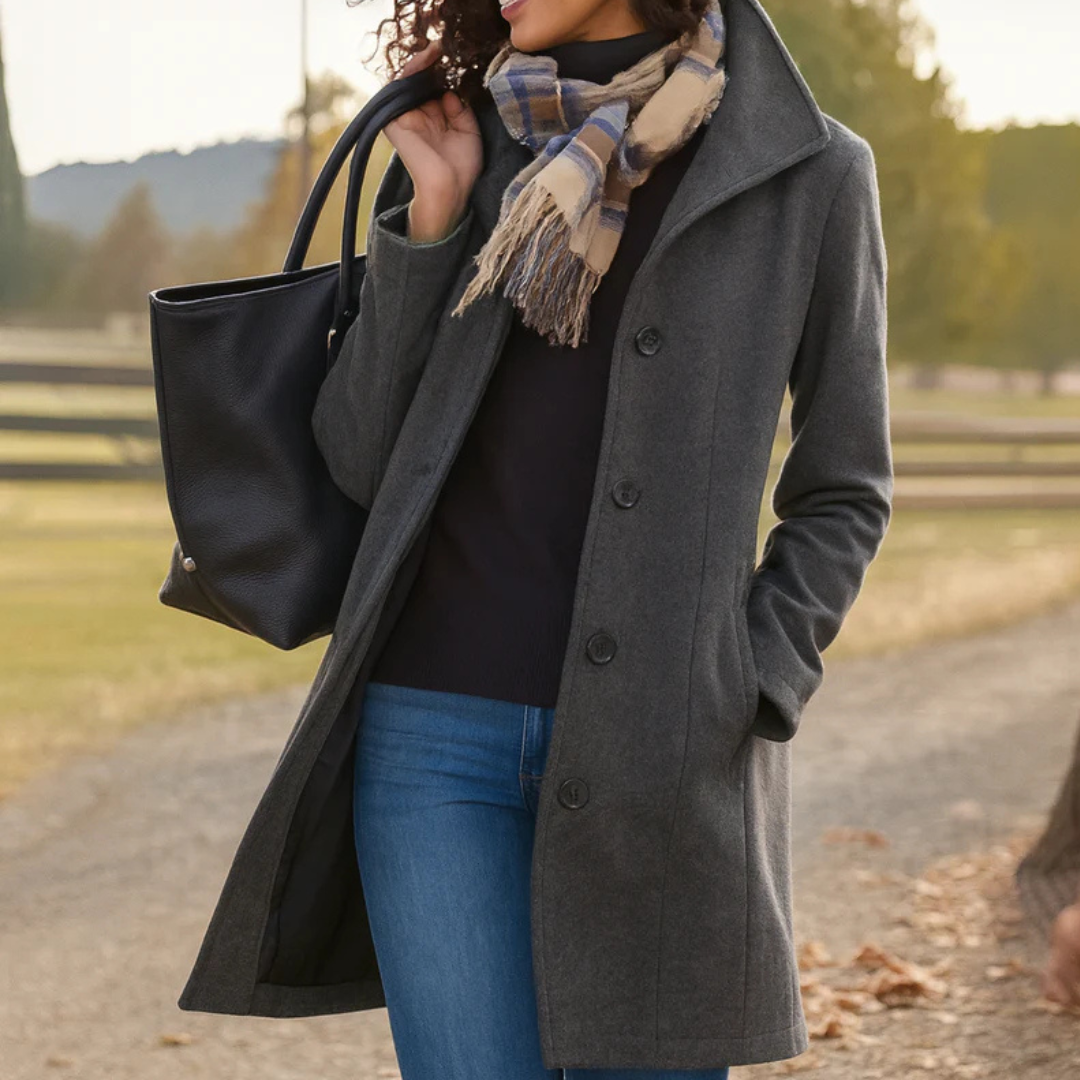 Helga Women’s Wool Coat with Classic Cut and Button Placket Design 3