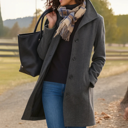 Helga Women’s Wool Coat with Classic Cut and Button Placket Design 3