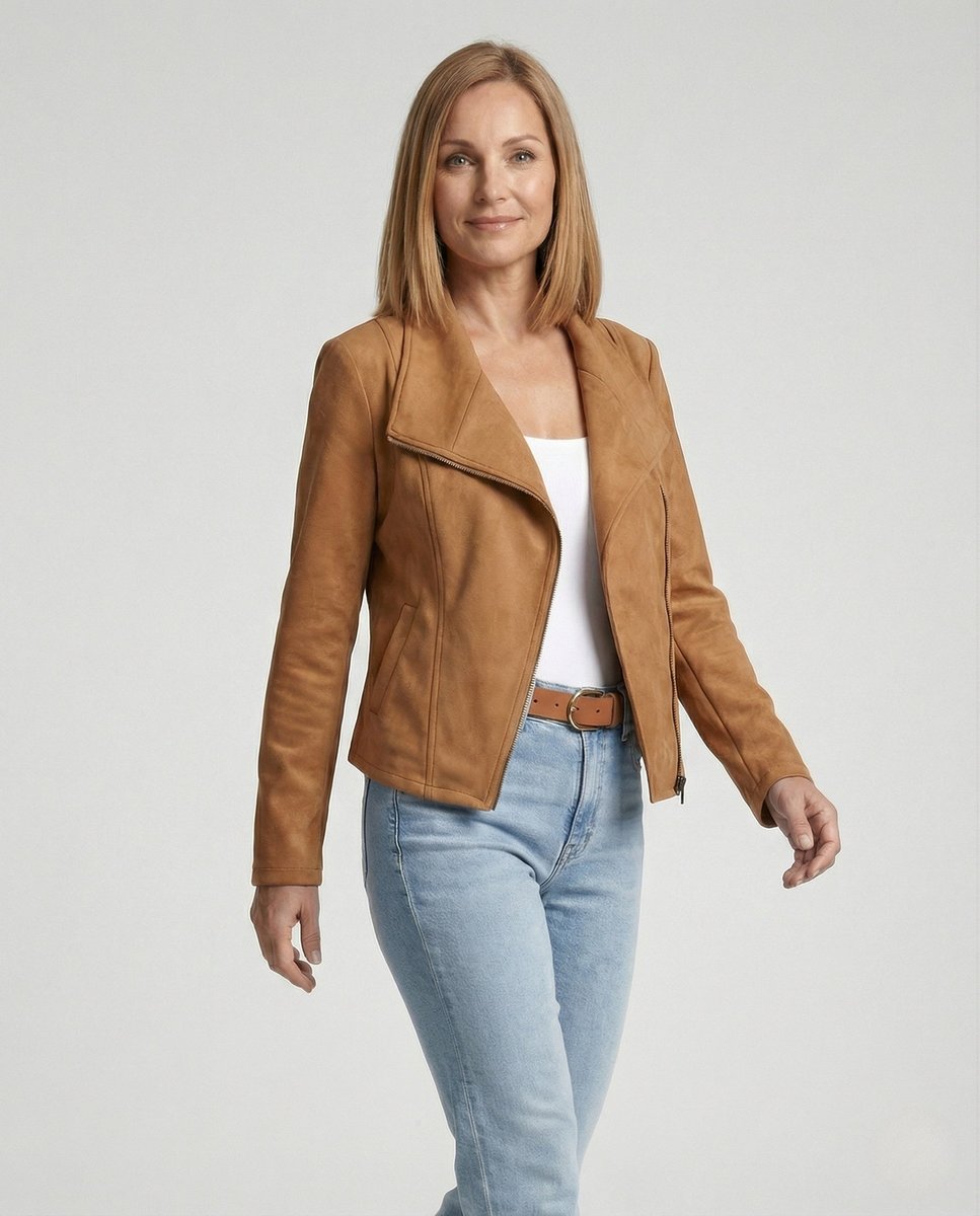 Isabella Women's Biker Jacket | Tailored Faux Suede, Asymmetric Zip 2
