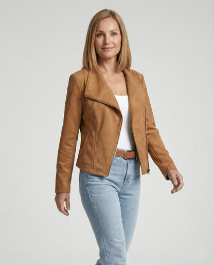 Isabella Women's Biker Jacket | Tailored Faux Suede, Asymmetric Zip 2
