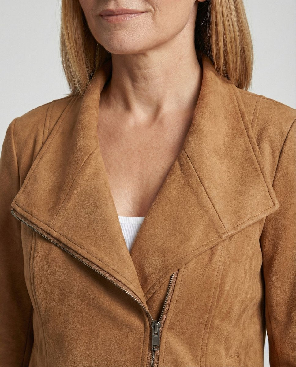Isabella Women's Biker Jacket | Tailored Faux Suede, Asymmetric Zip 3