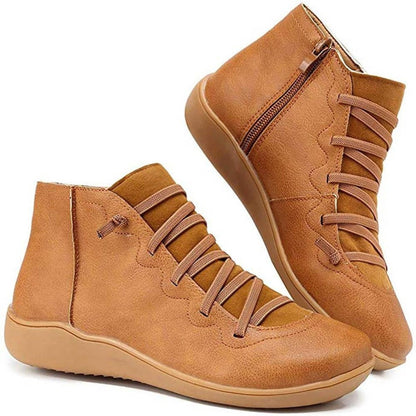 Isla Women's Black Ankle Boots | Faux Leather, Lace-Up Side-Zip Flat 0