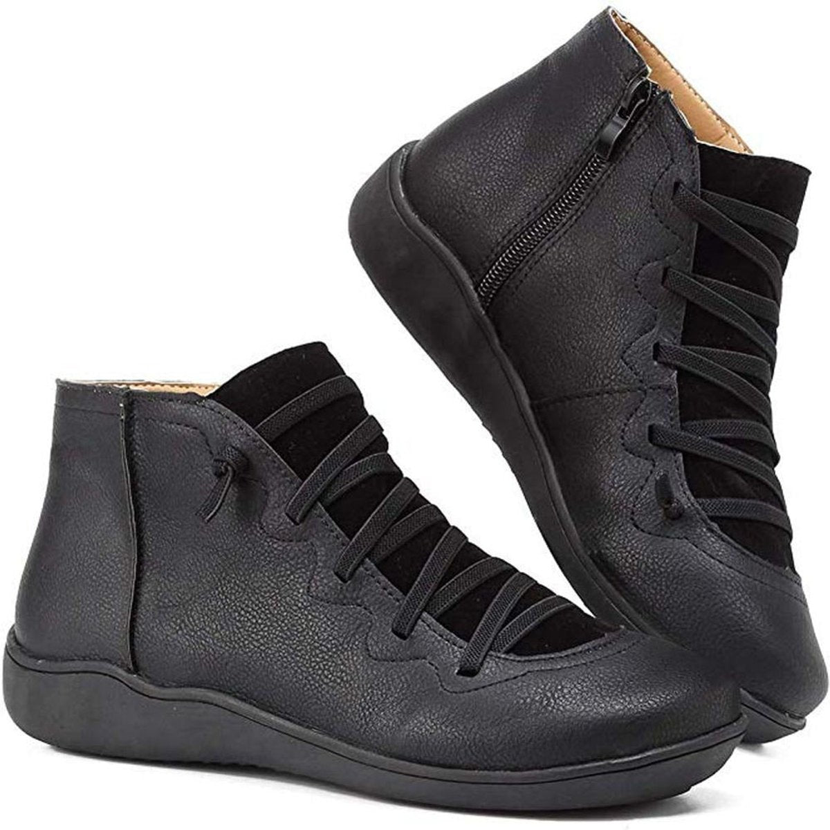 Isla Women's Black Ankle Boots | Faux Leather, Lace-Up Side-Zip Flat 2